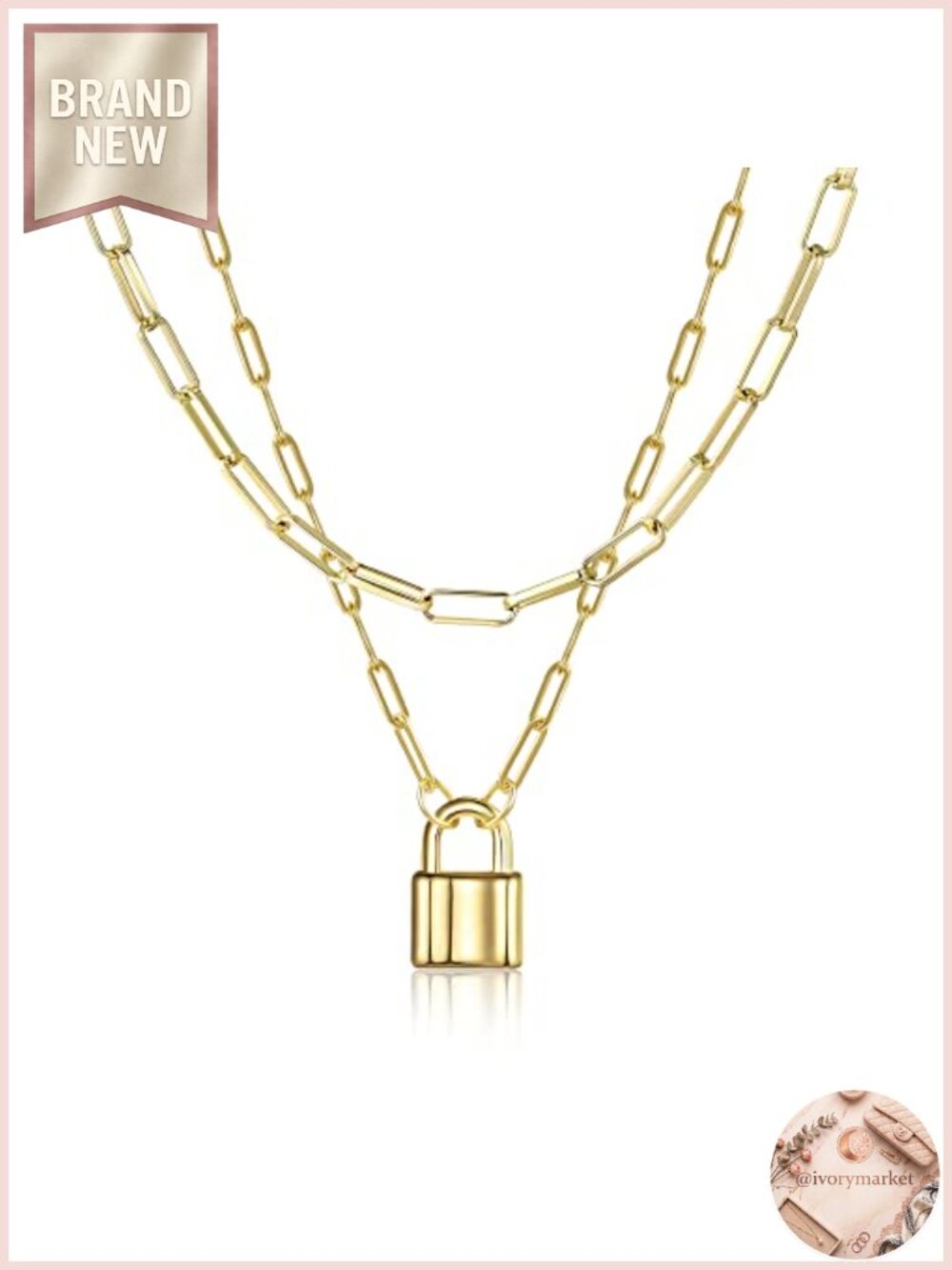 2 Pack Gold Plated Paperclip Chain Lock Necklace Set Layered Women Jewelry